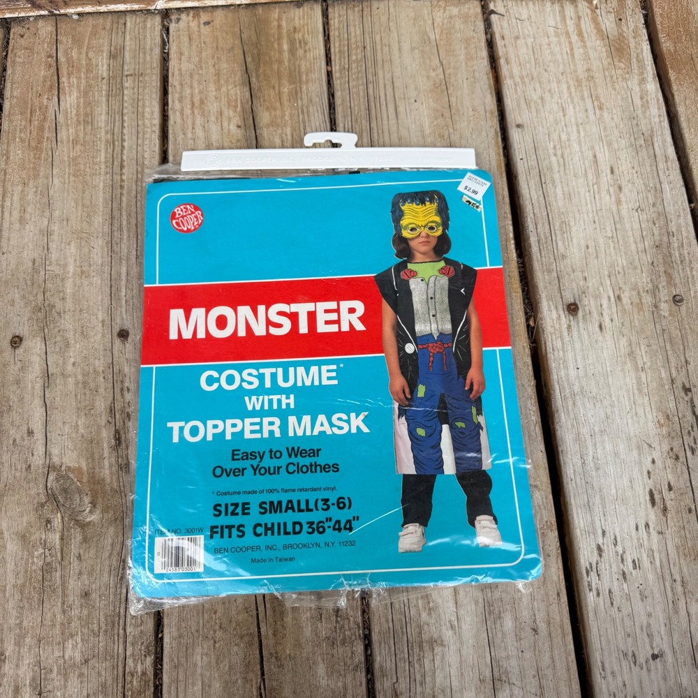 Vtg Ben Cooper Monster Costume Mask Kids Size Small 3-6 Green Yellow Halloween